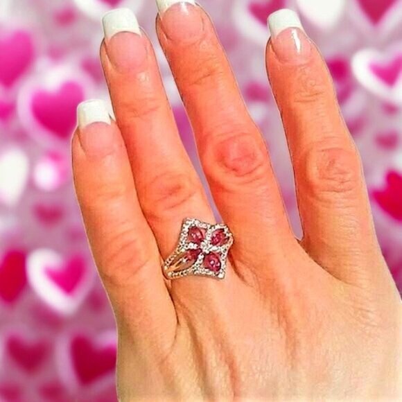 Ring Simulated Ruby Sapphire Diamond Sz 8 Clover Blossom Fleur Brilliant Sparkle - Picture 4 of 8
